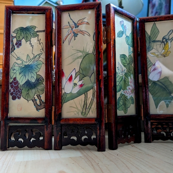 Antique Japanese 4-Panel Folding Screen. Hand Carved/Pained | + 3 extra Panels - Picture 7 of 12